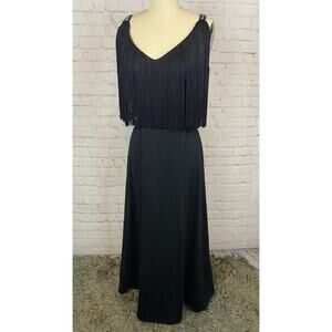 Vintage Fringe 70s Black Polyester Maxi Dress Medium